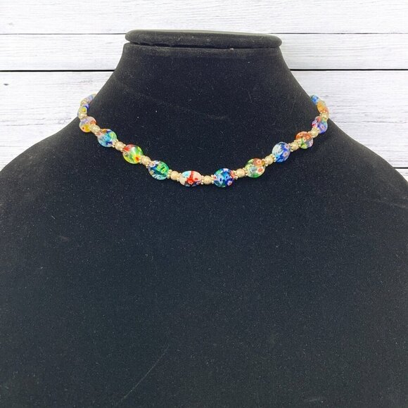 Millefiori Art Glass Necklace Multicolor Floral Design Gold Faux Pearl 15.5"L - Picture 3 of 4